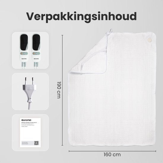 Auronic Elektrische Onderdeken XL - 190x160cm - 2 Persoons - Verwarmingsdeken - 2 Warmtezones - Wit