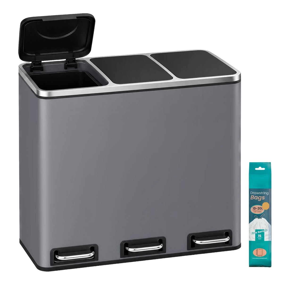 Joyfurnos Prullenbak 3-Compartimenten 61x31,5x55,5 cm Grijs Soft-Close RVS Keukenafvalbak