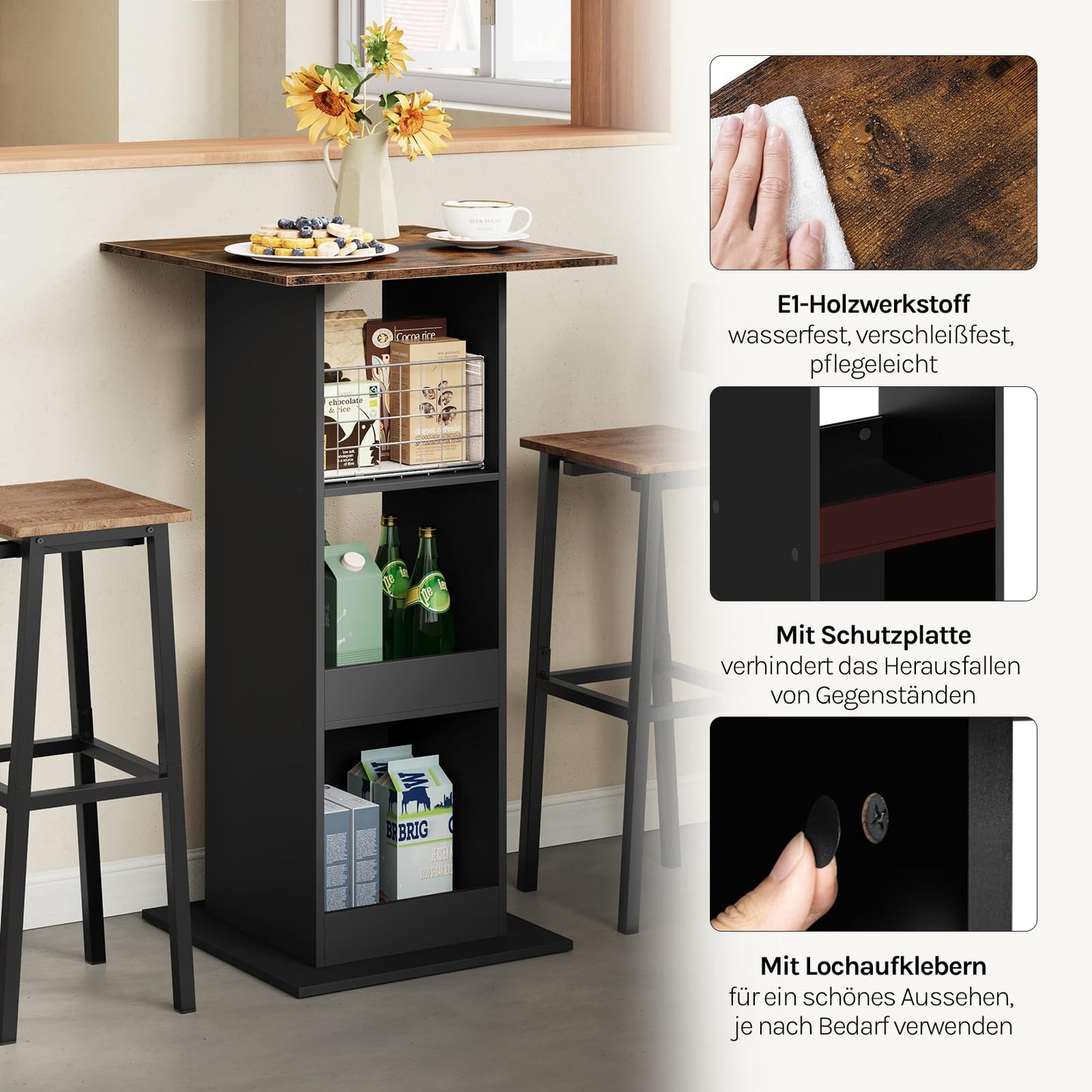 Woltu Bartafel - 109cm Hoog - Rechthoekig - 3 Schappen - Zwart/Rustiek Bruin