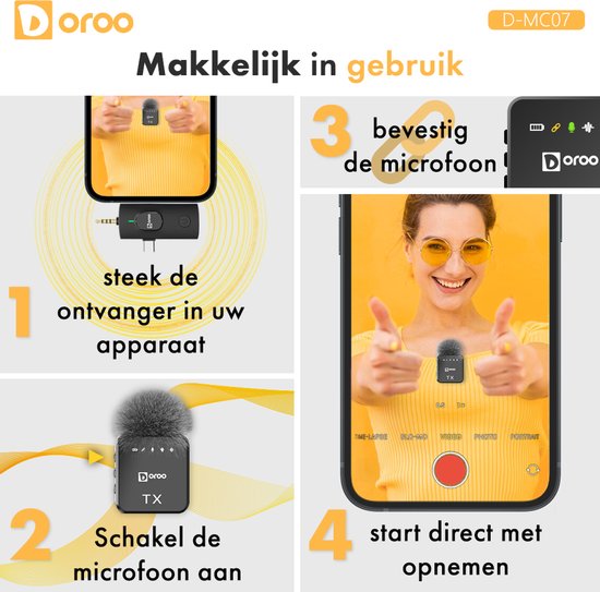 Doroo® Professioneel Draadloze Microfoon - 2 Stuks - Lavalier - Windschermen - Extra Lange Batterij - Dasspeld - Professioneel audiogeluid - USB-C/Lightning/AUX-draadloze microfoon iphone-Android - Plug & Play - twee jaar garantie