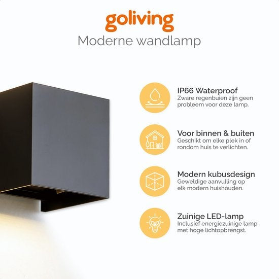 Goliving lamp – Wandlamp zwart binnen en buiten – Kubuslamp industrieel – Buitenlamp - Waterdichte LED-verlichting - Energiezuinig en roestvrij - 10x10x10 cm