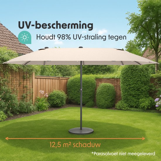 LifeGoods Dubbele Parasol - Tuin - 270x460cm - tot 15 Personen - Waterdicht - met Hoes - Taupe