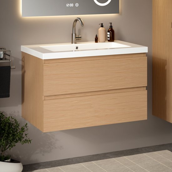 Mirlux Badkamermeubel Licht Eiken 80 cm - Wastafel Wit - Badmeubel set - Wastafelmeubel Licht Eiken