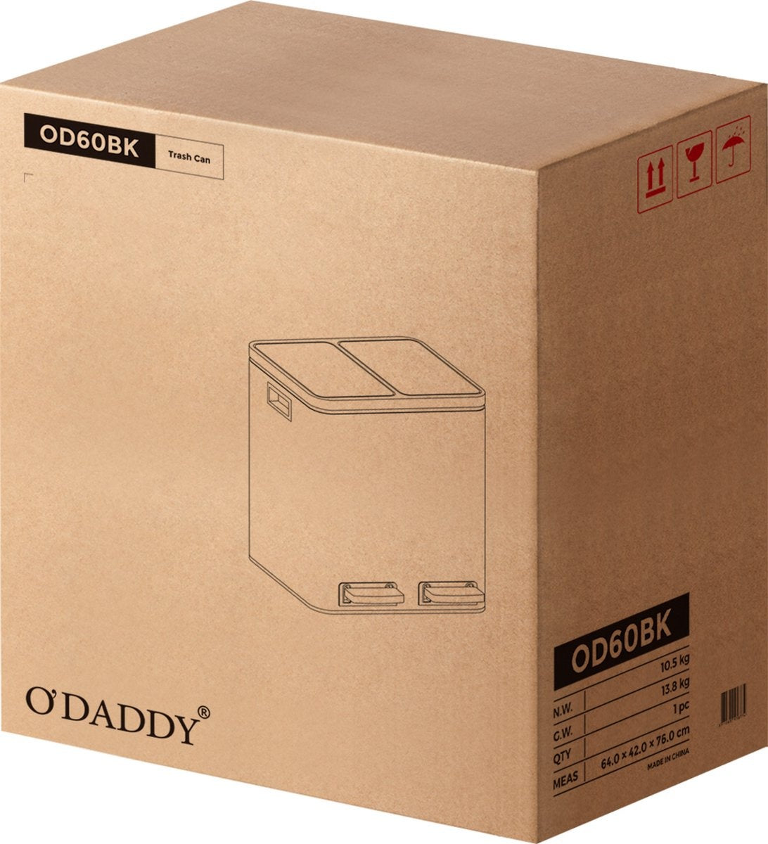 O'DADDY® Prullenbak - Afvalemmer – Duo Bin – 60L – Soft-close – 58,6 x 32 x 65 cm – 2 Binnenemmers – Inclusief 15 Afvalzakken – Elegant Zwart