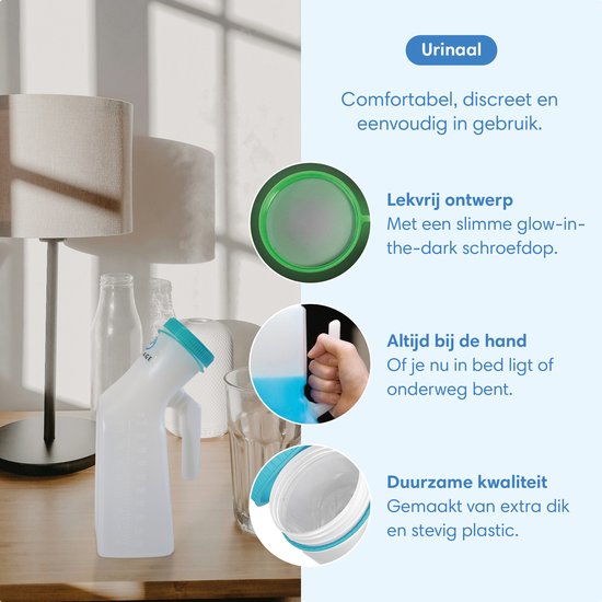 Safe Life Urinoir Voor Mannen – Voorzien Van Fluorescerende Schroefdop En Ergonomische Handgreep En Brede Opening – Voor Thuis En Onderweg – Transparant En Wit Plastic – Eén Liter