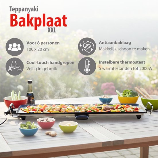 alpina Teppanyaki Grillplaat XXL - 100 x 22 cm - 2000W - Antiaanbaklaag