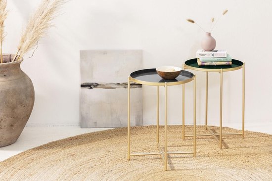 LIFA LIVING Bijzettafel Modern - Grijs & Gouden Koffietafel - Rond - Metaal - Voor Woonkamer, Slaapkamer of Kantoor - 37,5 x 47,5 cm