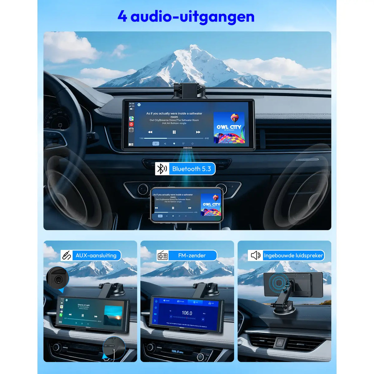 ESSGOO draagbaar CarPlay-scherm 10,26 inch - draadloos