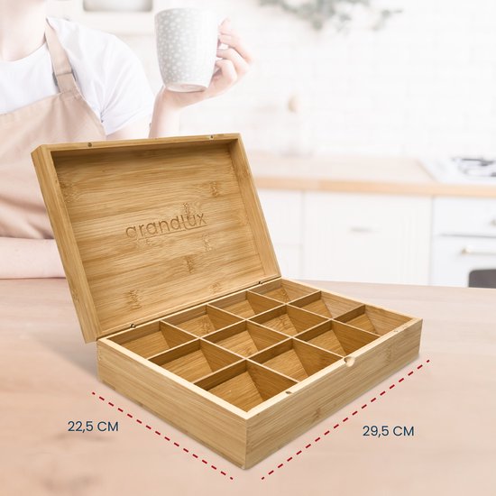 Grandlux Theedoos 12 Vaks – Ruime Vakken voor Pickwick, Pukka, Twinings, Clipper – 100% Bamboe – Thee Organizer