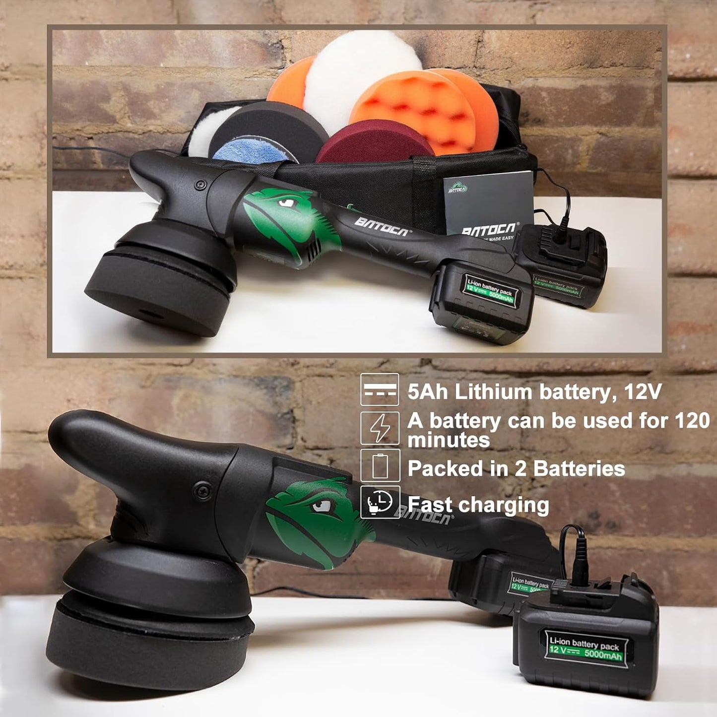 BATOCA S2 Accu Polijstmachine - 2000-4500 RPM - 8 mm Excentrisch - 125 mm - 2 x 5000 mAh Accu