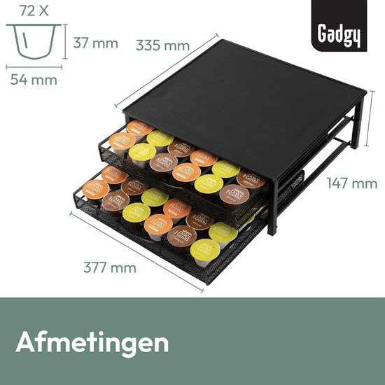 Gadgy Dolce Gusto Capsulehouders 2 Lades - Capsulehouder met lade - Koffie Cuphouder 72 capsules - Padhouder - RVS - Zwart - Antislip & Trilling Dempend