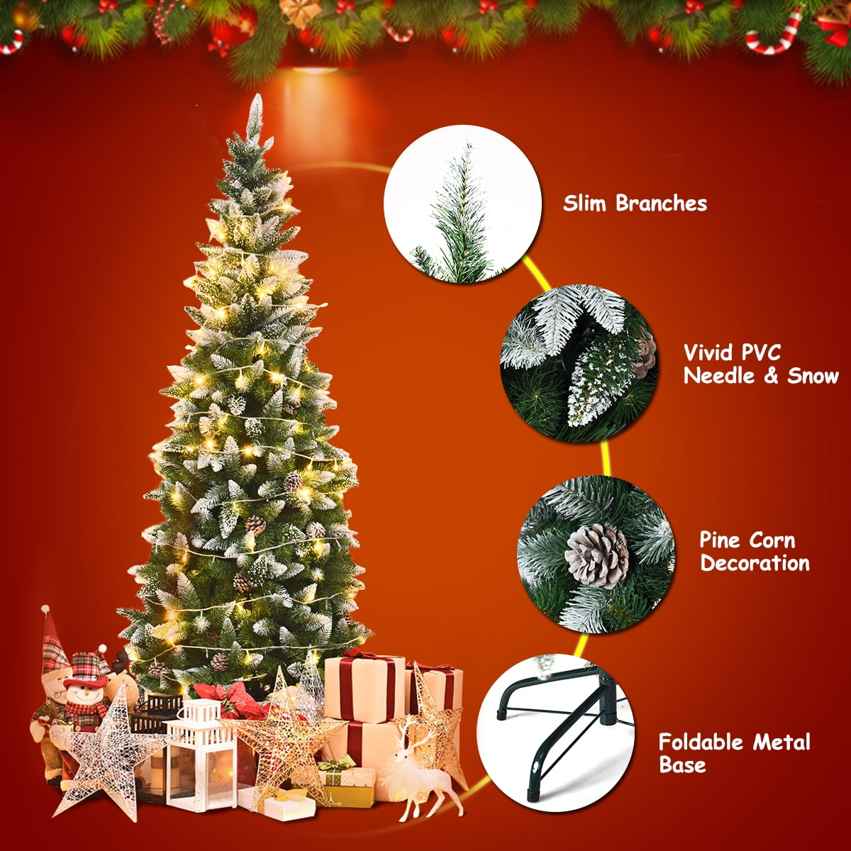 Coast Besneeuwde Slim Kunstkerstboom Groen/Wit – 64 x 183 cm – Met 630 Takpunten en 29 Dennenappels