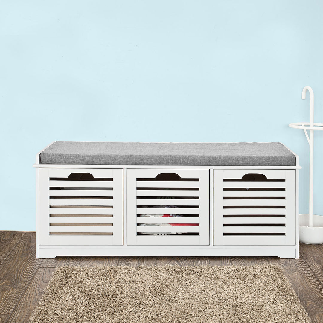 SoBuy Schoenenkast met gestoffeerd zitvlak - 3 Manden  -Landelijk - Max. 120 kg -105 x 35 x 43 cm - Wit / Grijs