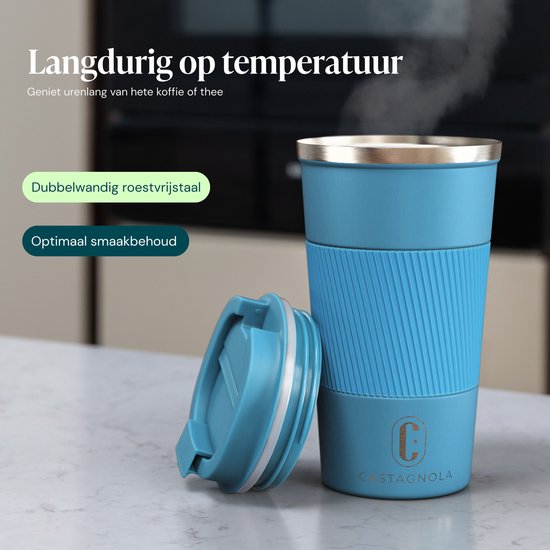 Castagnola Thermosbeker - Koffiebeker To Go - Travel Mug voor Koffie en Thee - Theebeker - 510 ML - RVS - Blauw