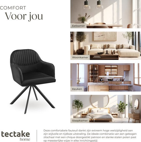 tectake® Fluwelen draaistoel - Bureaustoel - Eetkamerstoel met armleuningen - Fluwelen bureaustoel, keukenstoel, woonkamerstoel - 56 x 59 x 81 cm - Zwart/zwart