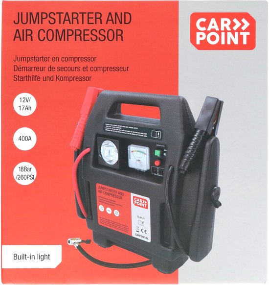 Carpoint Jumpstarter – 12 Volt – Met luchtcompressor - Piekvermogen 400A – Opladen met 230 Volt of 12 Volt adapter – Maximale druk compressor 18 BAR/260 PSI – Ingebouwde LED verlichting – Afmeting 365x345x175mm