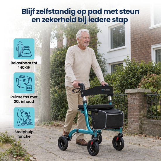 TrueSafe Rollator lichtgewicht en opvouwbaar (6,9 kg) - Voor binnen en buiten - Incl. ergonomisch zitkussen, verlichting, rugleuning, wandelstokhouder en meer - Blauw