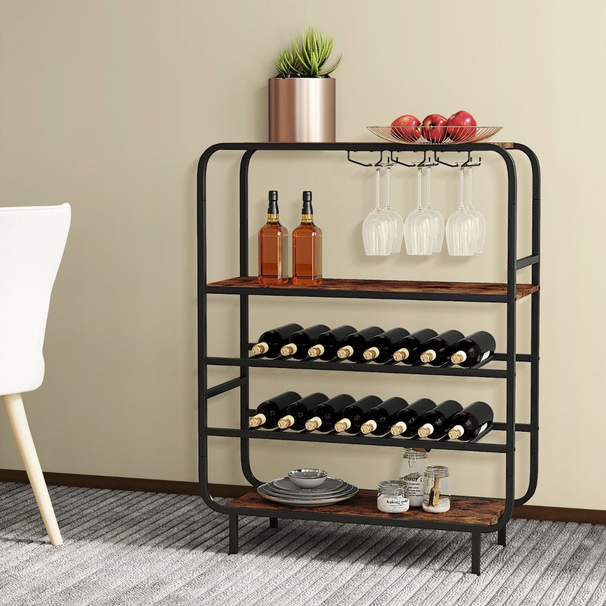 Coast Wijnrek - vijf lagen - glazenhouder en tafelblad - zwart en rustiek bruin - 91 x 35 x 117 cm