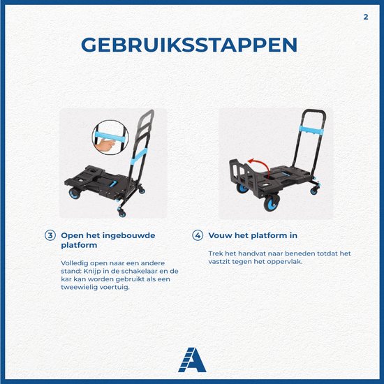 ALDORR 2-in-1 Opvouwbare Steekwagen en transportkar - Draagvermogen transportkar Max. 150kg en Steekwagen Max. 75kg - Opvouwbaar Transportkar - Inklapbaar Meubelhondje - Steekkar - Magazijnwagen - Meubelroller