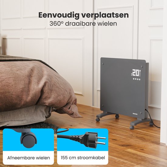 Auronic Elektrische Kachel – Convectorkachel met Thermostaat en Afstandsbediening - Glazen Paneelverwarming - 1000W Heater - Grijs
