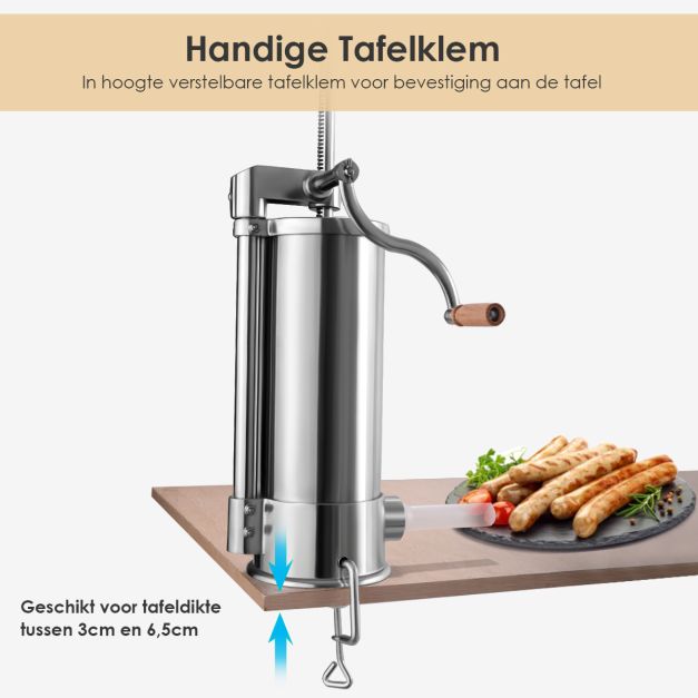 5 kg Manuele RVS Worstenvuller met Tafelklem en 6 Vulbuizen