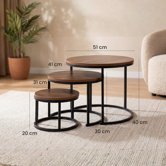Bayt Salontafel - Salontafel Set - Ronde Salon tafel - Set 3 stuks - Bijzettafel - Koffietafel - Hout - Bruin