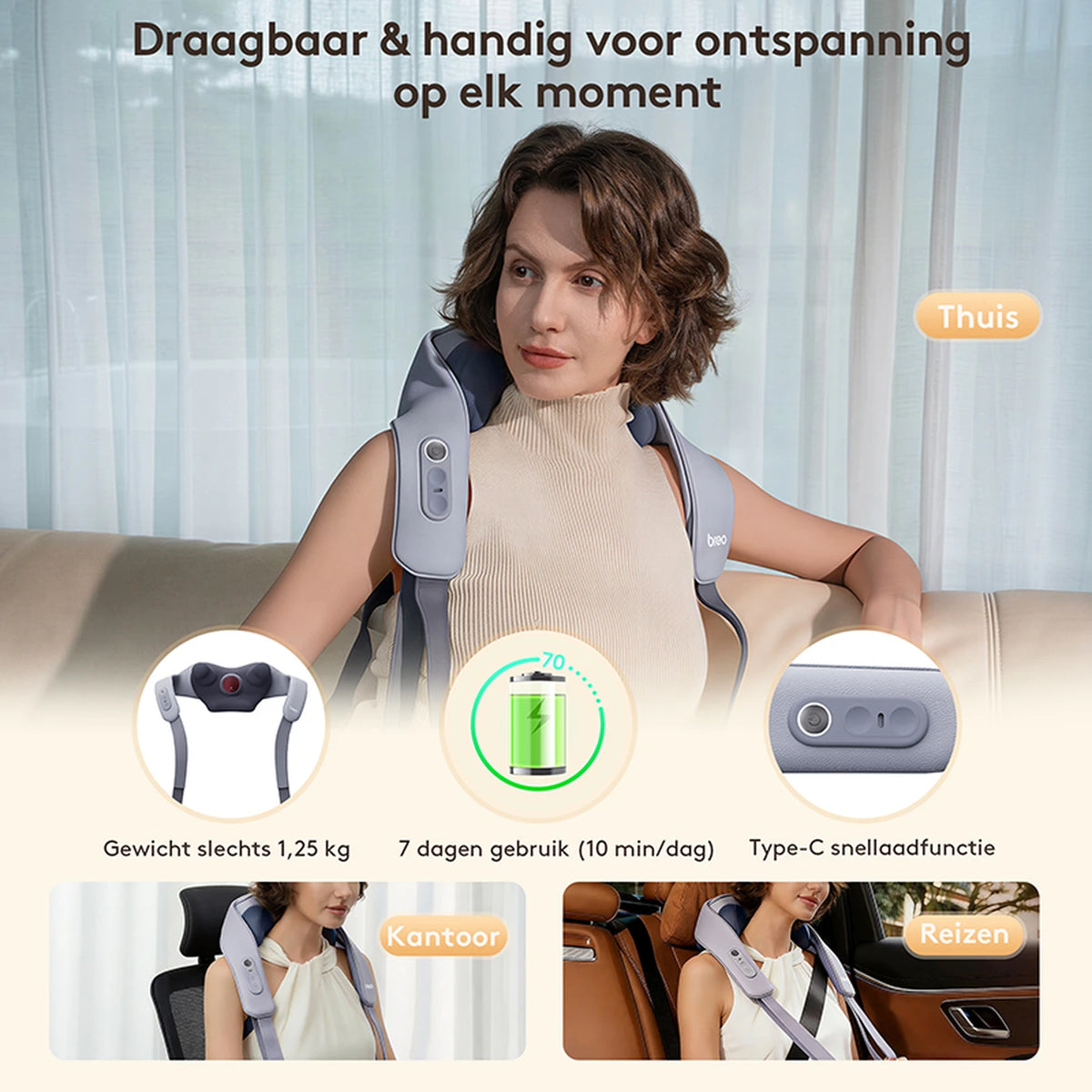 Breo N6 Mini Nekmassageapparaat met Warmte - Draadloos - 80 Minuten - Nek en Schouders