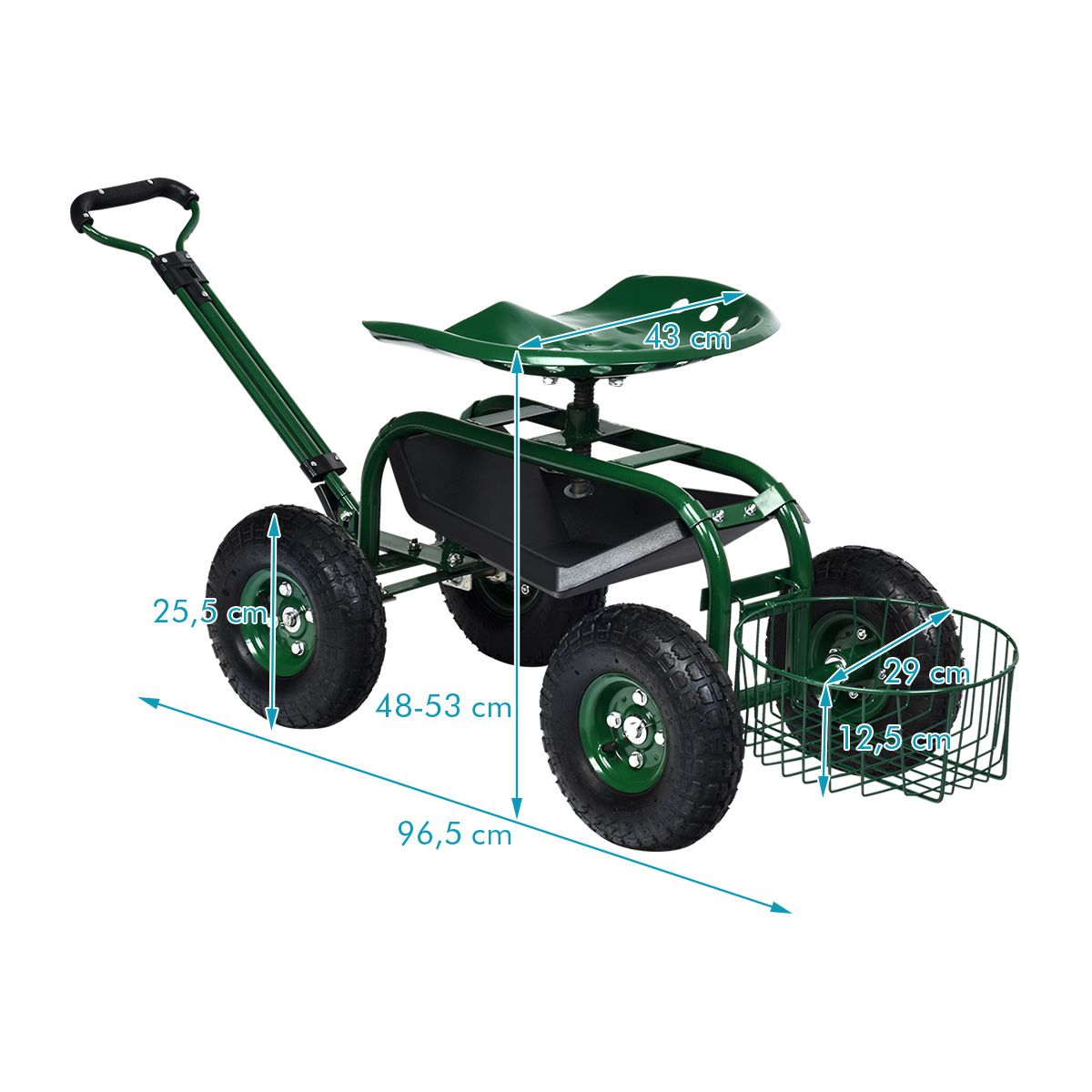 Coast Tuinwagen met verstelbaar handvat - ergonomische zitting - opbergmand en gereedschapsbakken - groen