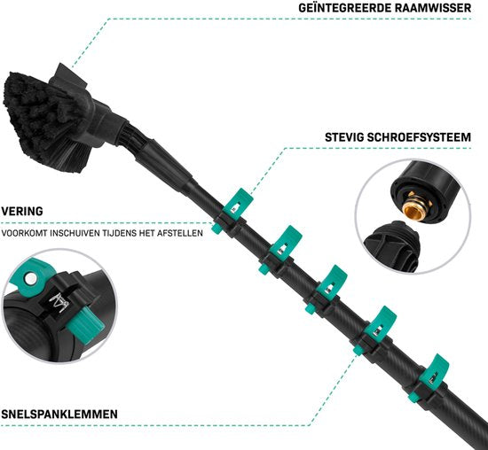 VONROC 3K Full Carbon Telescopische Wasborstel - 7.5 meter - Incl. 5-vlaks borstelkop, 11m waterslang en zeepdispenser