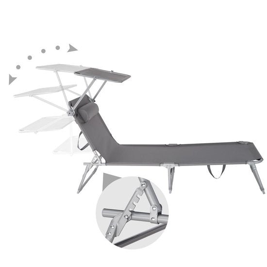 tectake® - ligstoel, robuust, verstelbaar, stalen onderstel met zonnescherm, 4-standen rugleuning inclusief hoofdkussen, strandstoel Ideaal voor tuin, zwembad, camping - grijs