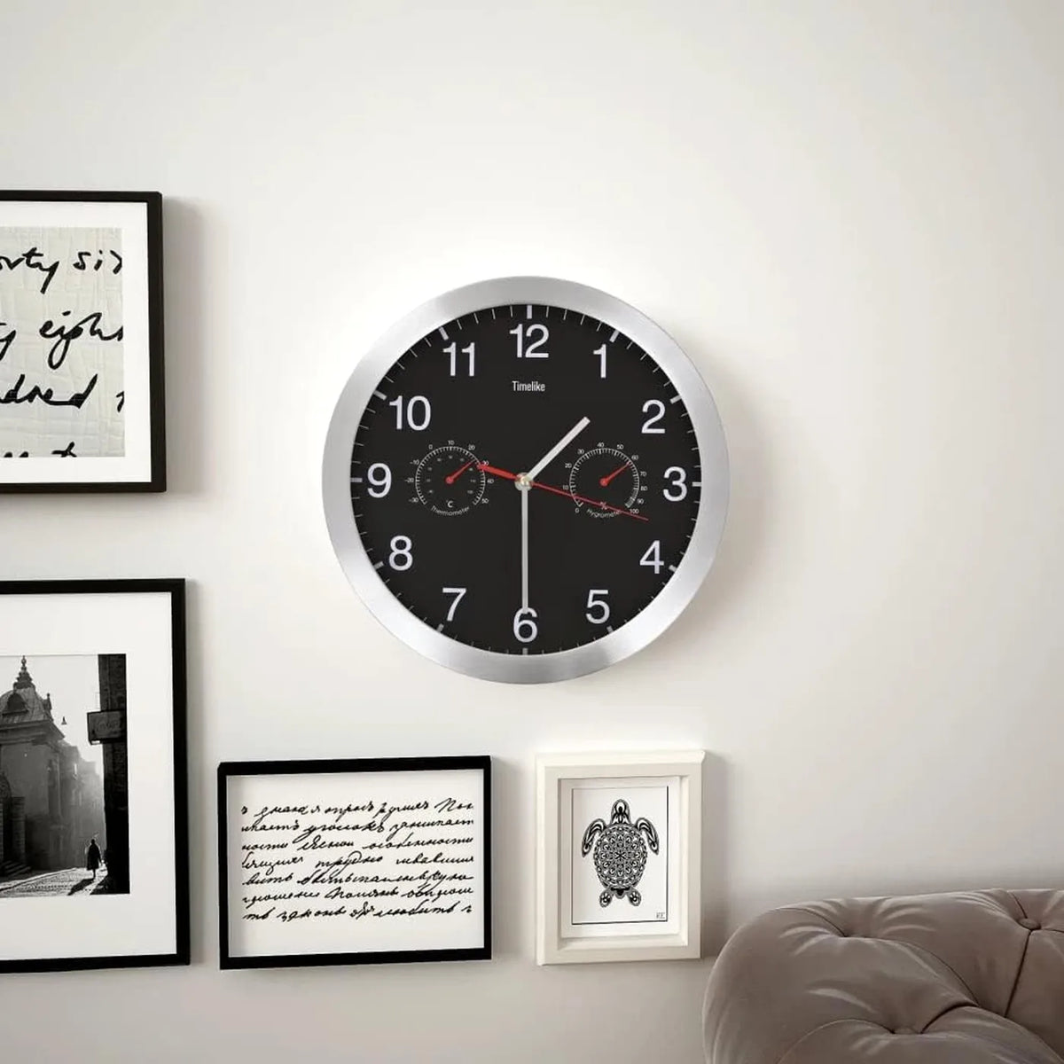 VidaXL Wandklok Ø 30 cm met Thermometer en Hygrometer - Nauwkeurig Kwartsuurwerk - Aluminium Zwart