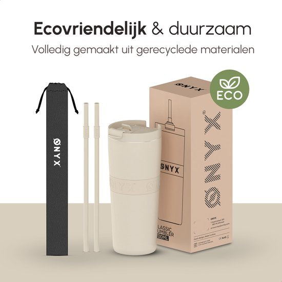 ONYX Drinkfles met Rietje 700ML - Waterfles voor Kinderen & Volwassenen - Thermosbeker Travel Mug - Motiverende Drinkbus - Drinkbeker voor School - Beige