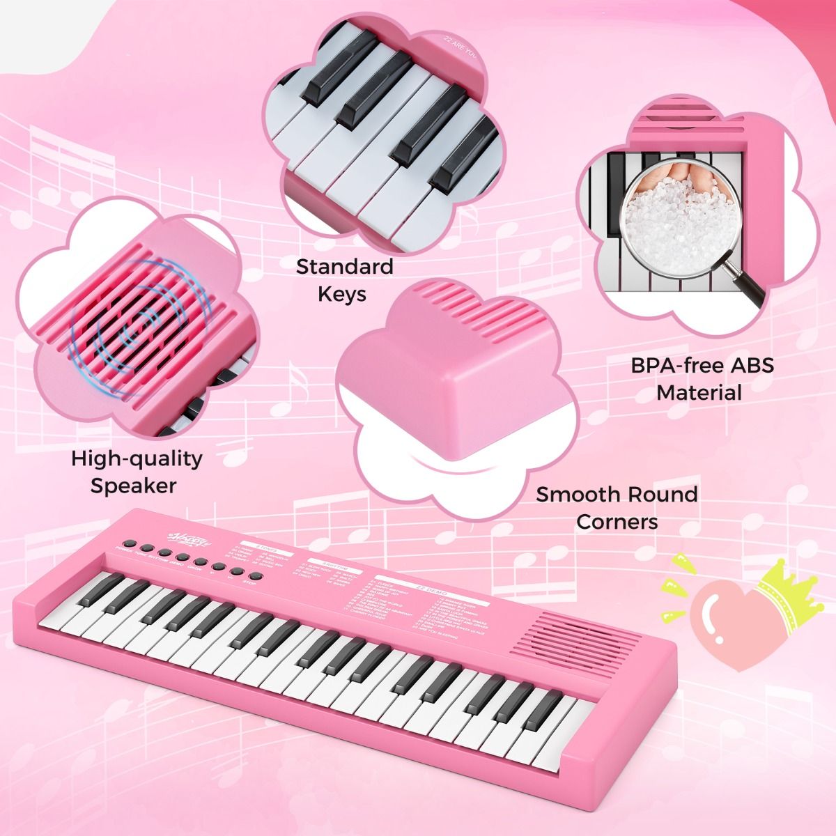 Coast Kinderkeyboard - Elektronische piano met 37 toetsen - 8 ritmes - 8 klankkleuren - Zwart / Roze