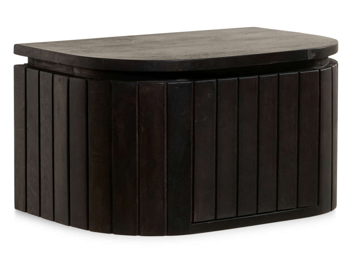 Multifurn Hangend Nachtkastje Mokka – 45 x 30 x 25 cm – Donkerbruin Mangohout Met Latjes-Design En Ronde Vorm – 1 Stuk