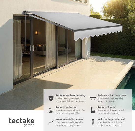 tectake® Zonnescherm met Knikarm - 250 x 200 cm - Zonneluifel - Zonwering voor Raam, Balkon, Buiten - Te Monteren aan Muur - Water- en UV-Bestendig - Lichtgrijs