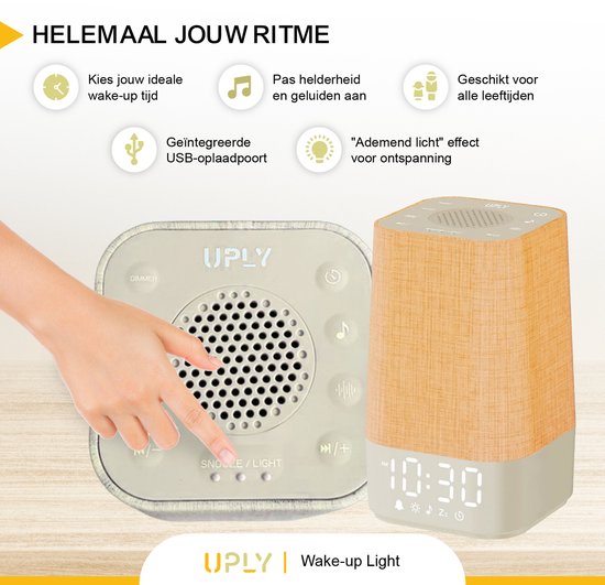 UPLY Wake up light - Met USB oplaadpunt - Met 30 geluiden - Wekker met licht - White noise - Digitale wekker