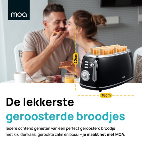 MOA Retro Broodroaster - Toaster voor 4 Sneden - Extra Brede Sleuven - 6 Warmteniveaus - 1500W - Zwart