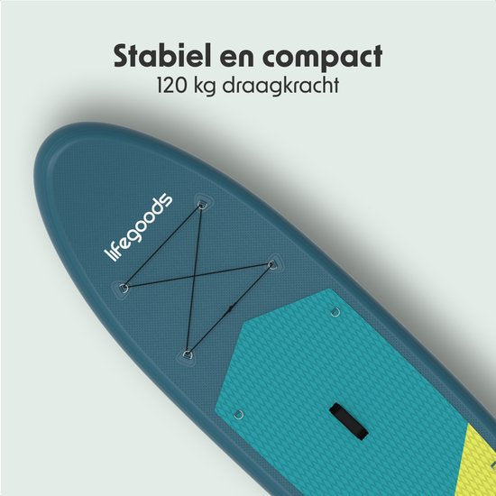 LifeGoods SUP Board Allround Compact - met Zitje - 100 KG Draagkracht - 300 x 76 cm - Opblaasbaar - Compleet SUP pakket - Cyaan/Donkergroen