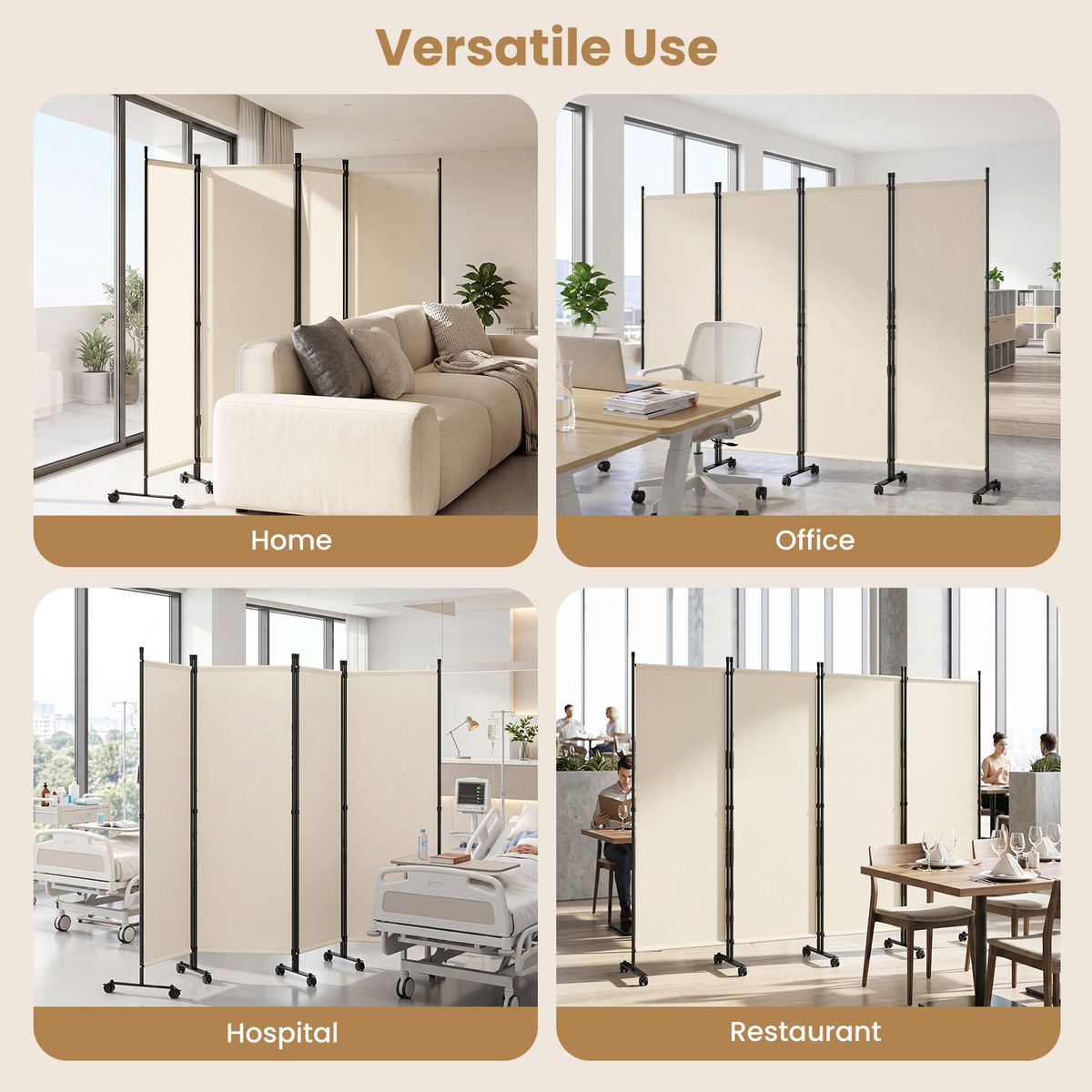 Coast 4-delige ruimteverdeler op wieltjes - opvouwbaar - inkijkbescherming - beige - 1 stuks