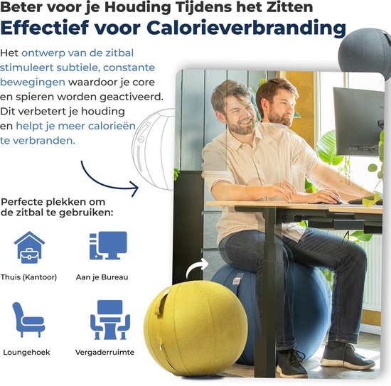 Backerz Zitbal 65 CM - Zitballen met Hoes Linnen - Ergonomische Bureaustoel Kantoor en Thuis - Luxe Yoga Bal - Geel
