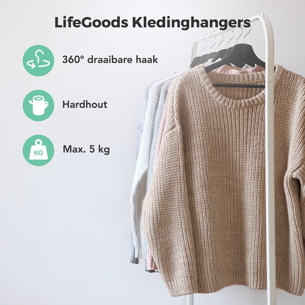 LifeGoods Kledinghangers - Met Broeklat - Hardhout - Zwart - 50 Stuks