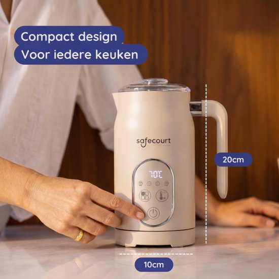 Safecourt kitchen Elektrische Melkopschuimer – 100% PFAS-vrij – Display & Temperatuurregeling – 4-in-1 – 350ml – Beige