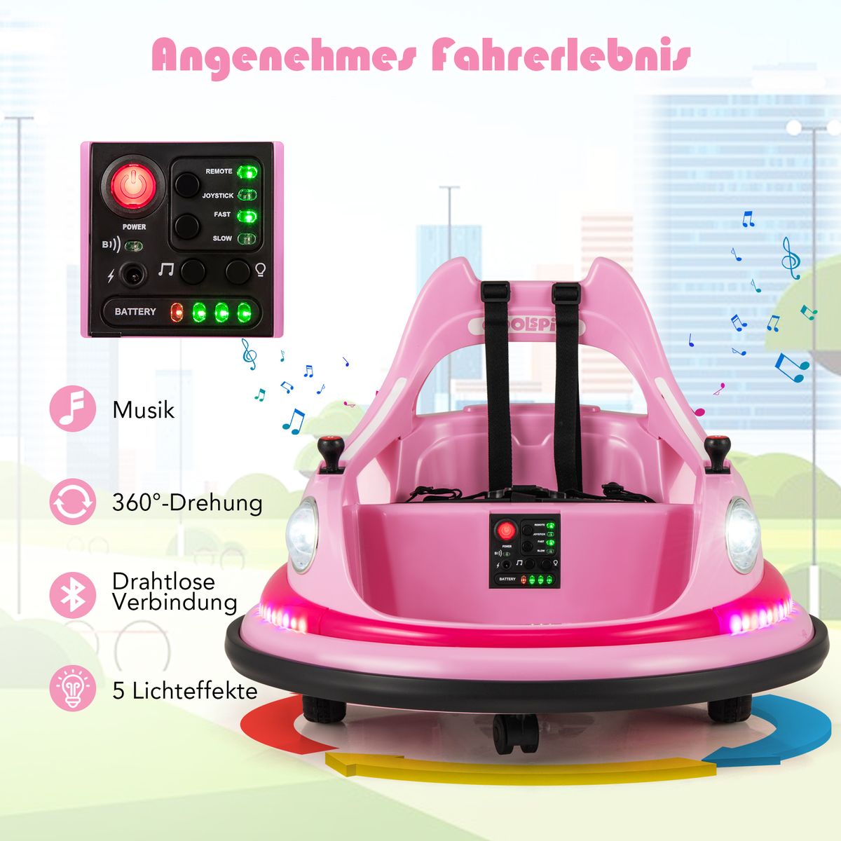 Coast Elektrische bumperauto voor kinderen - 12V met afstandsbediening en dubbele joysticks - roze