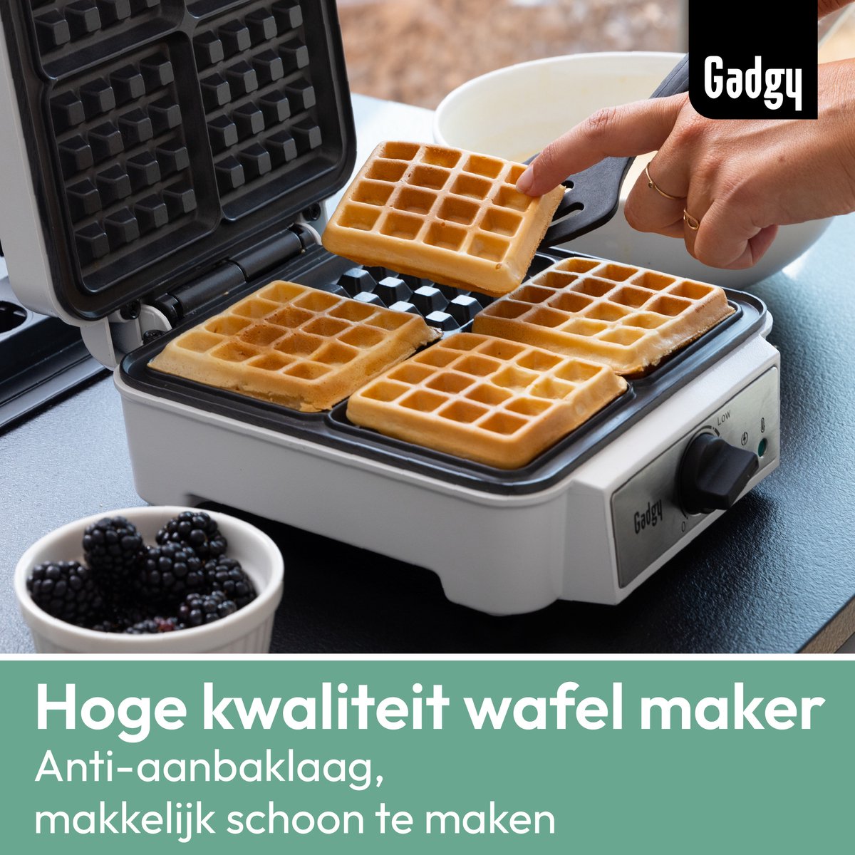 Gadgy Wafelijzer Voor 4 Wafels - Kunststof - 27.5x20x11 cm - Antiaanbaklaag - 1200 W - Wit