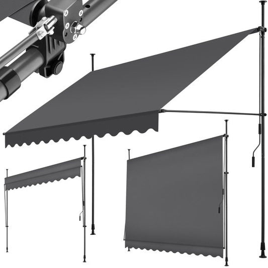 tectake - klemluifel - Zonnescherm – Zonneluifel - Verstelbaar - Klem-zonwering - Zonnescherm Balkon - 300 x 180 cm - zwartgrijs – zonwering - 404965