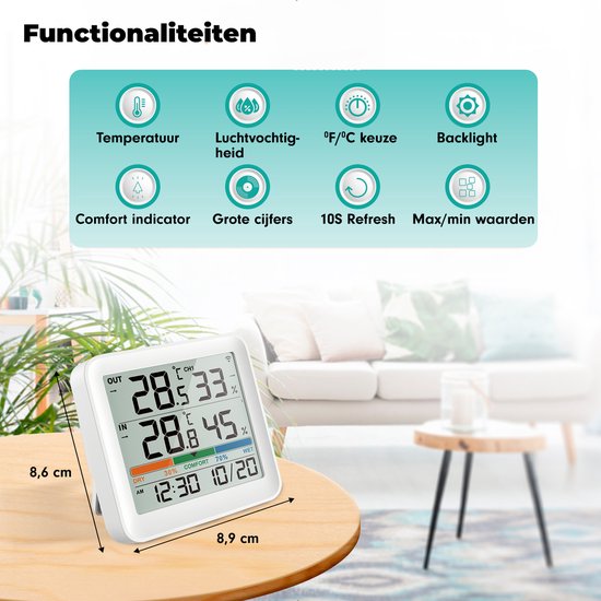 Iqonic Draadloos Weerstation - Voor Binnen en Buiten - Op Batterijen - Luchtvochtigheidsmeter - Met Buitensensor - Wit