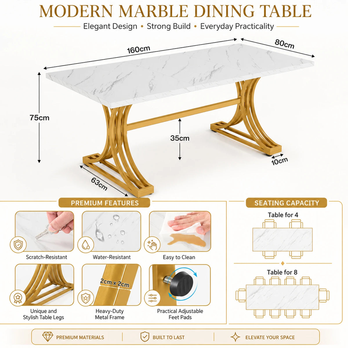 Lantine Vergadertafel 160 x 80 cm - Voor 4-6 Personen - Wit Kunstmarmer en Goud - Moderne Metalen Poten