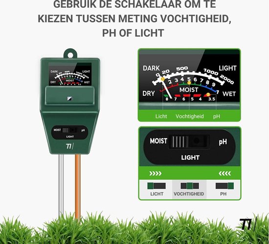 TIKKENS® Vochtmeter Bodem Planten - Vochtigheidsmeter Planten - pH en Lichtmeter - 3 in 1 - Bloemen/Planten - Tuinaarde Testen - Vochtmeters