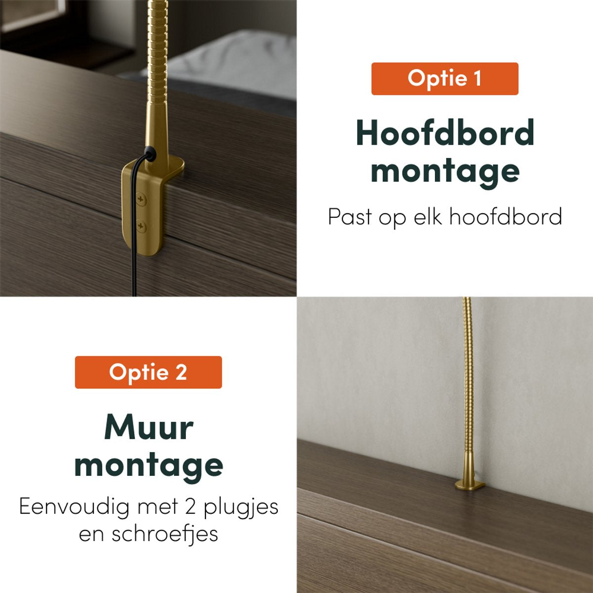 Nolt - Leeslamp Bedlampje - Dimbaar LED, Set van 2, Klem - Hoogte 58 cm - Metaal - Goud