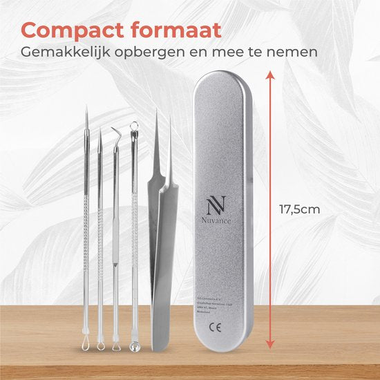 Nuvance - Mee Eters Verwijderen - Blackhead remover - Set van 5 - Mee Eter Verwijderaar - Comedonenlepel - Zilver